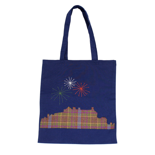 greyfriars edinburgh castle grassmarket blue cotton tote bag with embroirdered thread fireworks above tartan skyline 
