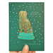 green christmas card with gold fold embossed greyfriars booby dog illustration, round snowflakes and the words merry christmas greyfriars bobby edinburgh in handwritten script - Image