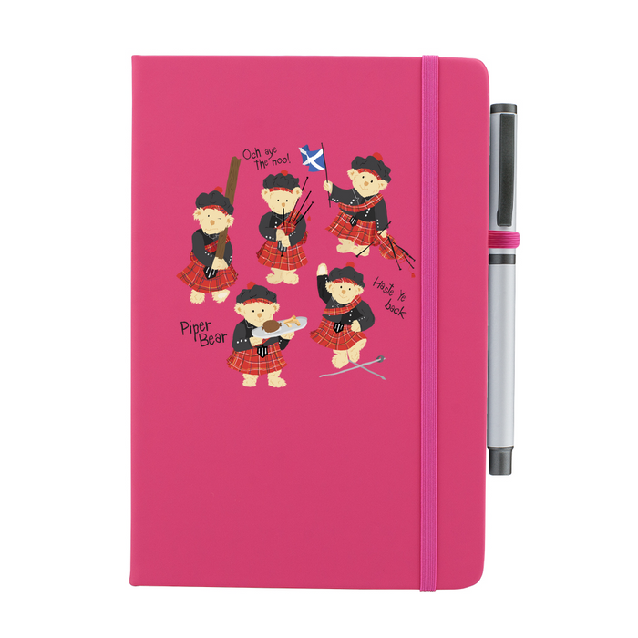 Pink notepad with pen featuring dancing Piper Bear teddy's.
