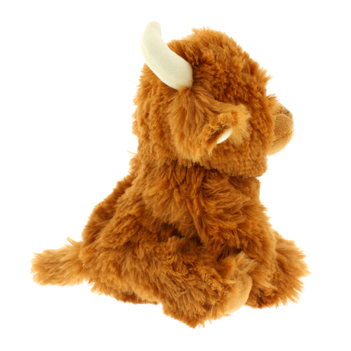side view of small soft plush highland cow soft toy