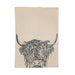 highland cow tea towel linen with natural colour and black printed illustration of large cow head at bottom