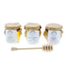 edinburgh scottish honey set of 3 jars shown with wooden honey drizzler in front of jars on white background
