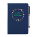 A beautiful designed navy notebook with the words 'Hello Scotland' in green,  featuring elements of Scottish culture and scenery. A navy strap closes over the right hand side with a matching pen.