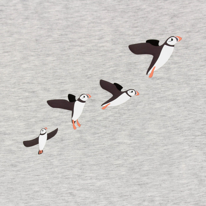 Puffin detail on a grey marl t-shirt