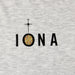 close up of the Iona text on a grey marl t-shirt