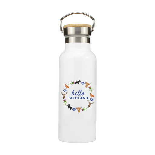 A stylish white water bottle with 'Hello Scotland' printed on it in blue, showcasing a vibrant design inspired by Scottish culture.