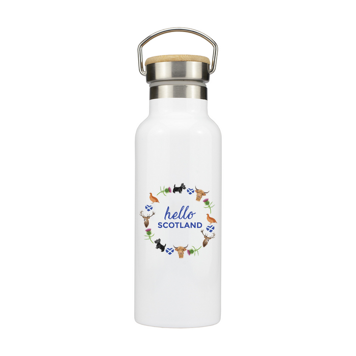 A stylish white water bottle with 'Hello Scotland' printed on it in blue, showcasing a vibrant design inspired by Scottish culture.