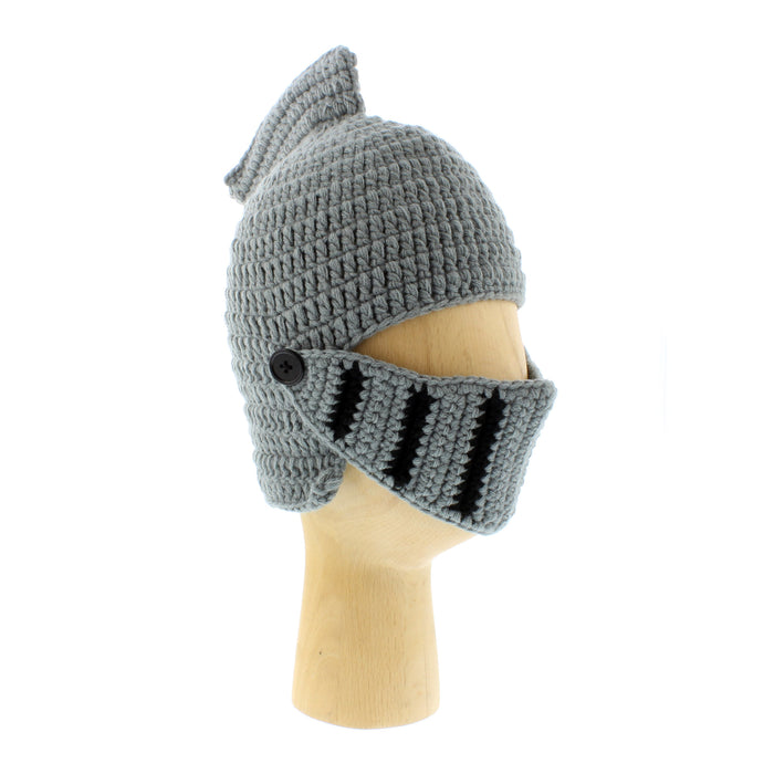 knitted knight hat with moveable knitted mouth visor