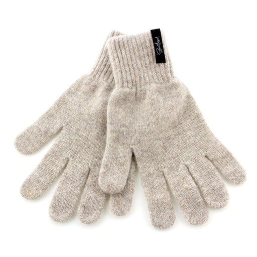 stone coloured knitted woolen gloves shown on white background