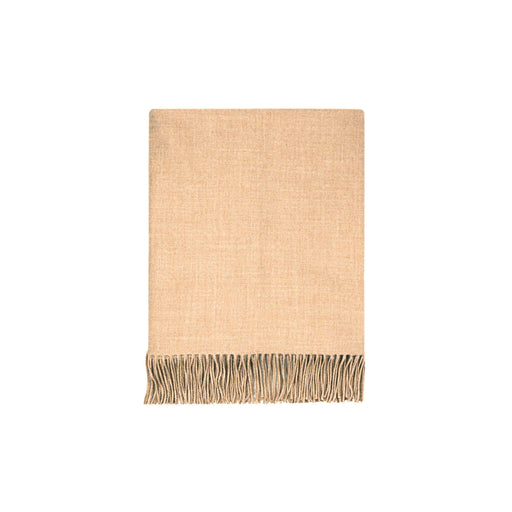 Beige woven blanket with fringed edge on a white background - Image