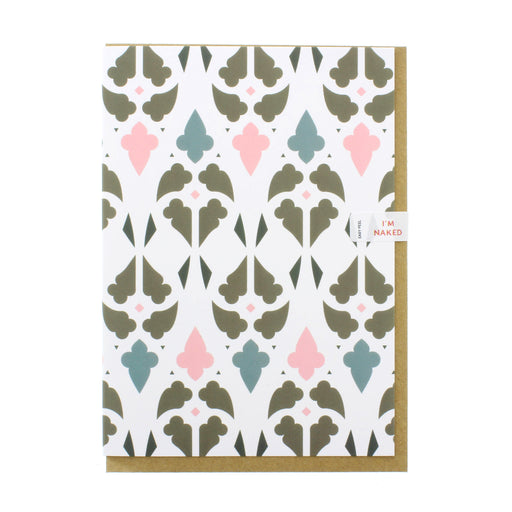 greeting card with a brown paper envelope features a window print in pink, blue and green
