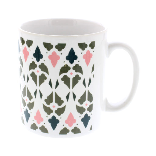 White ceramic mug with colourful window inspired pattern 