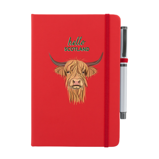 Red soft feel note pad with a highland cow motif. the text above reads 'hello SCOTLAND' and comes with a silver pen attached.