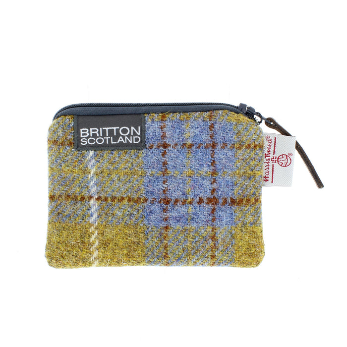mustard and tweed card purse with zipper and amy britton logo with harris tweed label