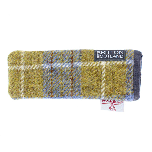mustard and blue tweed wool glasses case with amy britton and harris tweed logo labels