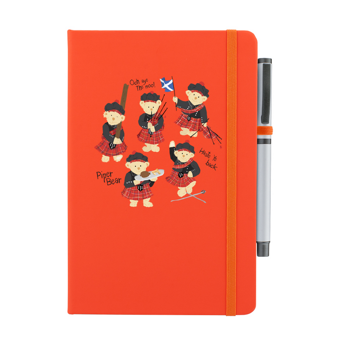 Orange notepad with pen featuring dancing Piper Bear teddy's.