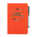 Orange notepad with pen features a circular prints of Scottish Icons including the St Andrews Flag in a loveheart shape, a pheasant and a deer. A matching strap closes on the right hand side.