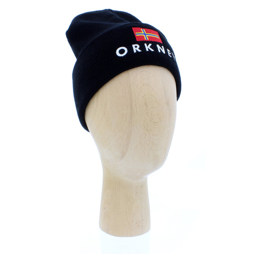 orkney flag beanie hat shown on wooden mannequin head
