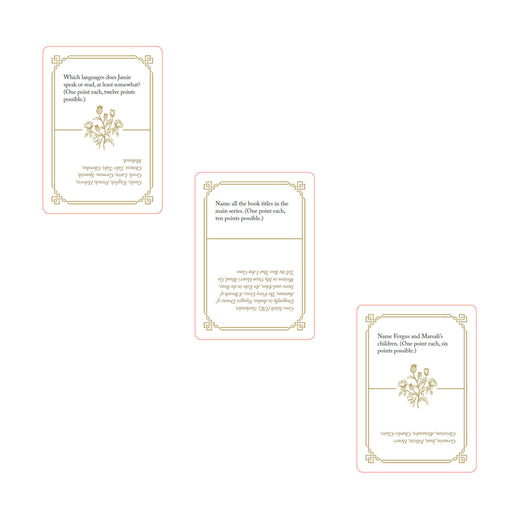 selection of 3 card faces shown on white background illustrating the design of the trivia cards within the pack. each card is white with gold lettering and outline pattern design - Image