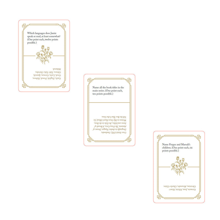 selection of 3 card faces shown on white background illustrating the design of the trivia cards within the pack. each card is white with gold lettering and outline pattern design - Image