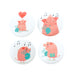 Set of 4 white round badges with pink pigs playing the bagpipes 