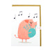 White greeting card with pink pig playing the bagpipes 