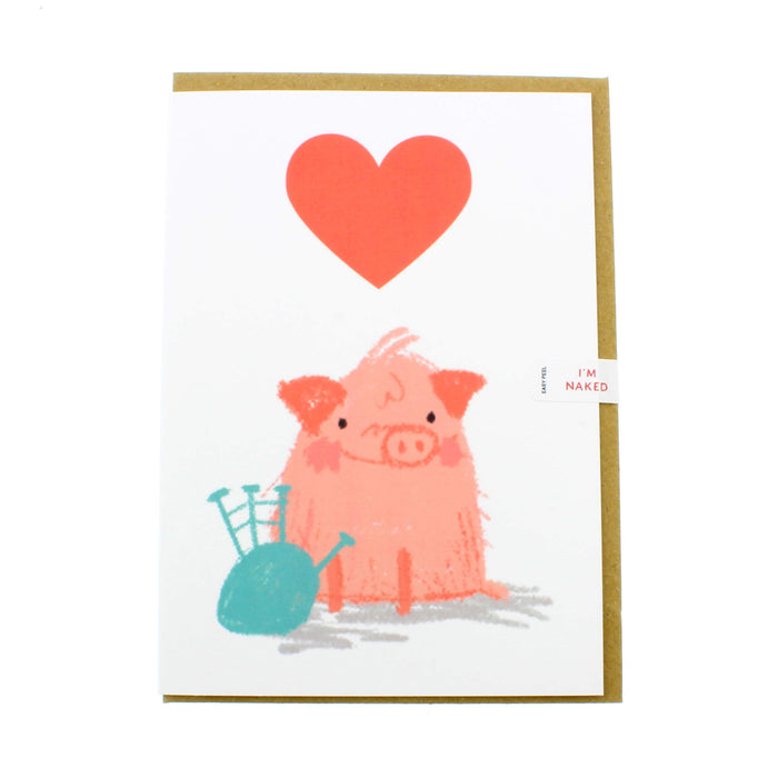white card features a large red heart and a pink pig holding the bagpipes 
