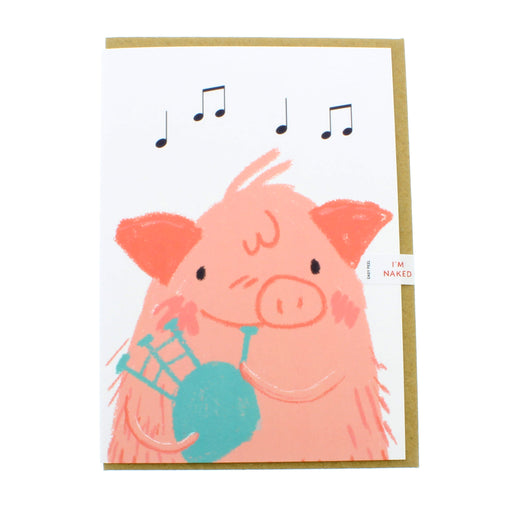 White greeting card features a pink pig playing a set of blue coloured bagpipes 
