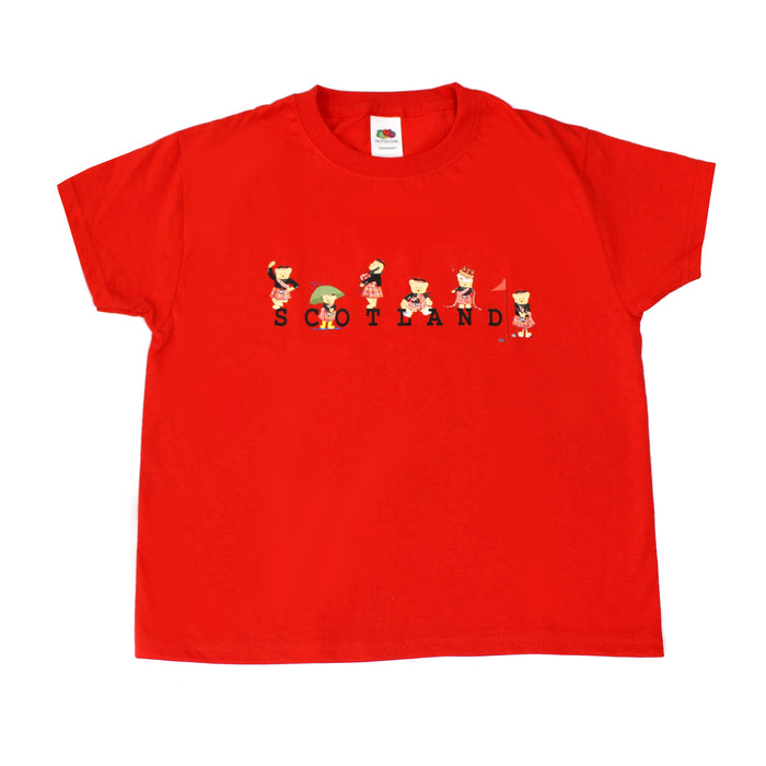 piper bear scotland t-shirt for chidren red with words scotland and small teddy bear illustrations round the lettering