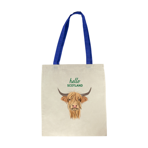 tote with blue straps and highland cow motif