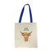 Cotton tote shopper with a blue handle, highland cow motif and the words 'hello Scotland'  written in a green font. The bag can be personalised at checkout. 