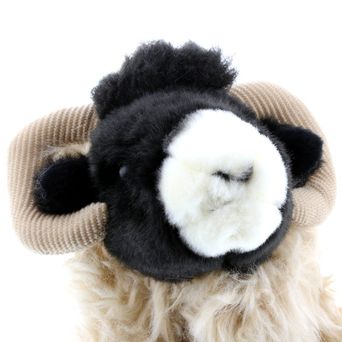 Close up of the face on the cuddly sheep toy 