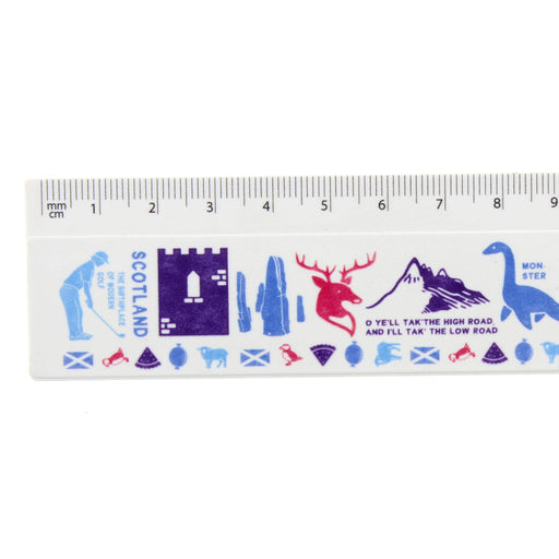 Close up of the Scotland Recycled ruler featuring image of a stag, castle, mountains and nessie
