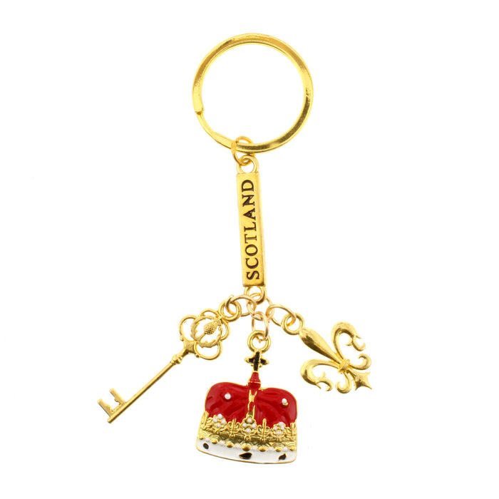 Scottish crown gold keyring which holds replicas of the Scottish Crown, a thistle key and the Fleur de Lys symbol