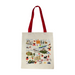 Cotton Tote with red straps features a map print of Scotland's landmarks including Urquhart Castle, The Forth Rail Bridge, Puffins, the mythical Loch Ness Monster as well as many teddy bears dressed in Highland Dress. 