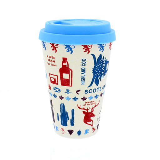 scotland reusable travel mug with silcone sleeve removed to reveal scottish icons illustrative pattern on outer side