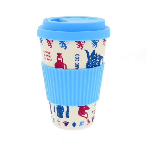 scotland reusable travel mug with alternating pattern showing scottish icon illustrations in blue and pink on white base colour with light blue silicone top and sleeve