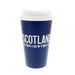 blue travel mug with word scotland printed in white with small scottish icons pattern below and contrasting white top