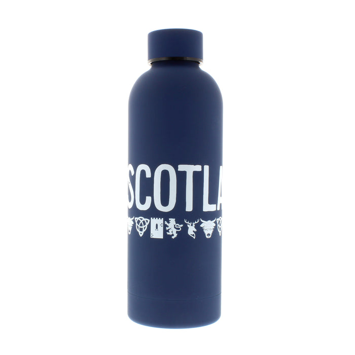 blue metal scotland water bottle with white writing
