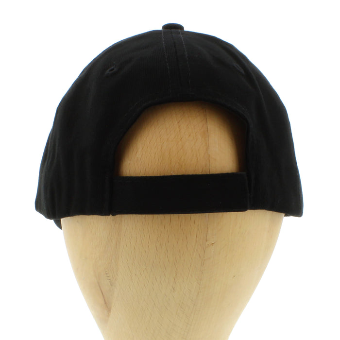 Black cap with Shetland flag and name on wooden head mannequin, back view 