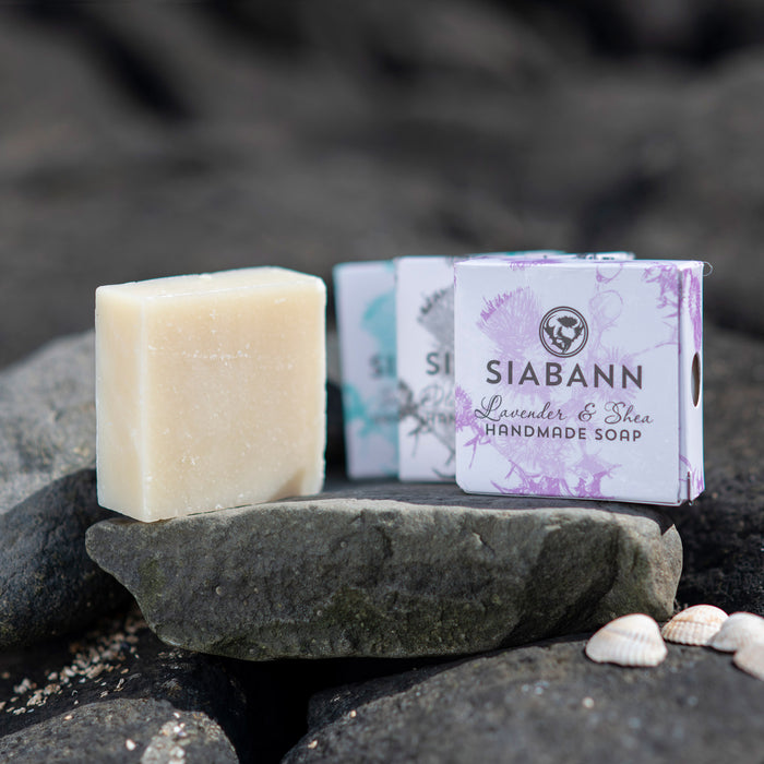 Three wrapped soapbars and one unwrapped by Siabann are displayed on some rocks with shells in the lower corner. 