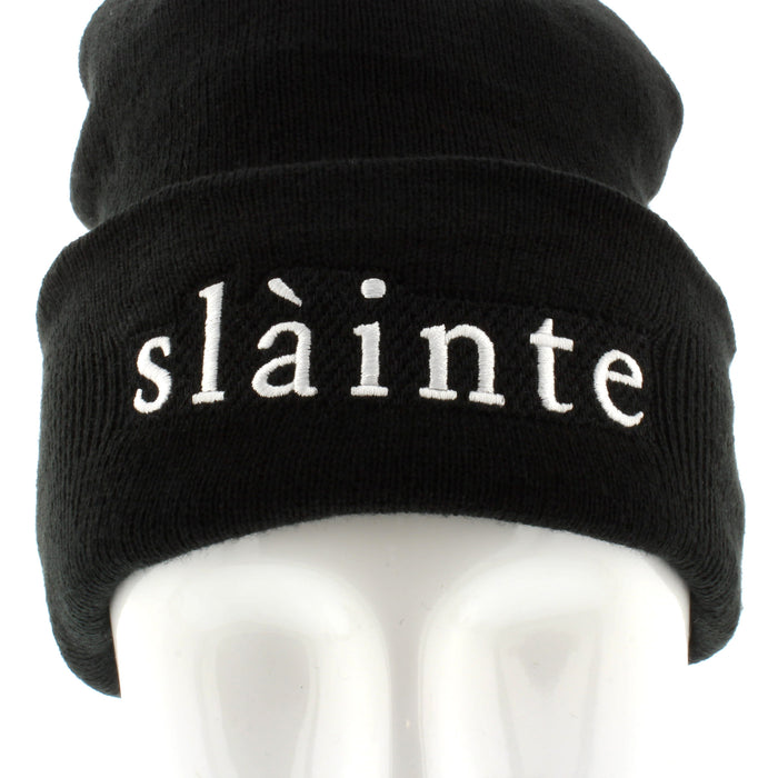 embroidered slainte word on black knitted beanie hat