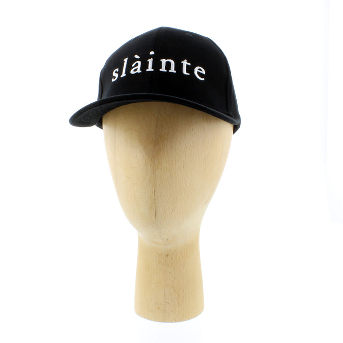 black cotton baseball cap with white embroidered lettering