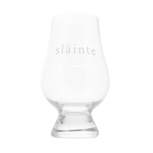 whisky dram glass with word slainte etched on front