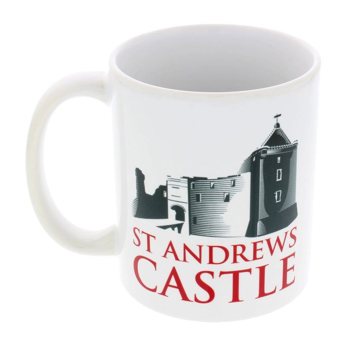st andrews castle coffee mug with red title and monochrome illustration above