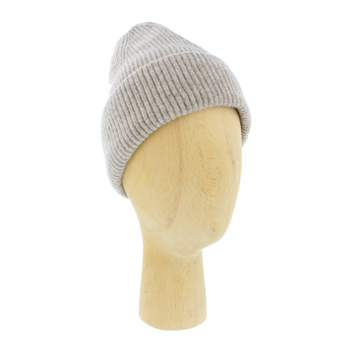 knitted stone coloured wool hat shown on mannequin