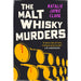 Book cover of 'The Malt Whisky Murders' by Natalie Jayne Clark with yellow whisky barrels and a black background. - Image