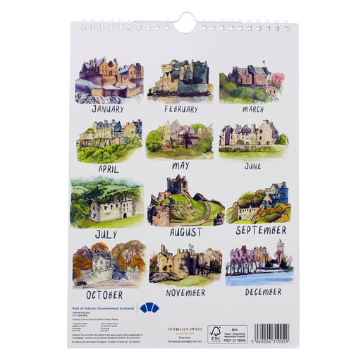 A spiral-bound wall calendar page showing twelve illustrated months with watercolor-style castle scenes, labeled January through December.  - Image