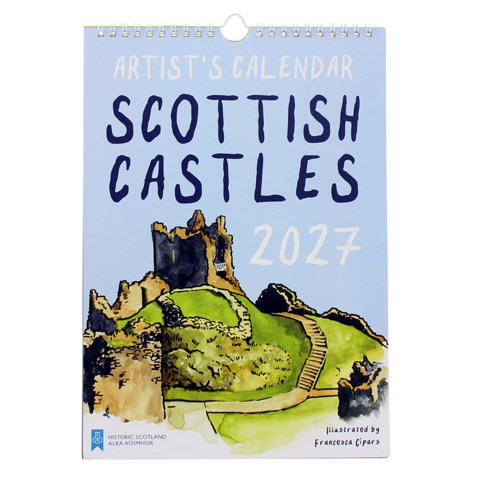 A spiral-bound 2027 artist's calendar titled 'Scottish Castles' featuring a watercolor illustration of a castle on a green hill against a light blue background. - Image