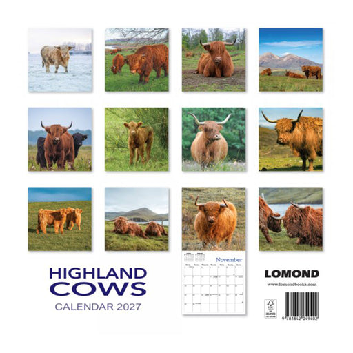 Lomond Highland Cows 2027 wall calendar cover showing a 3x4 grid of cow photographs, a November calendar page sample, and the title 'HIGHLAND COWS CALENDAR 2027' on a white background. - Image